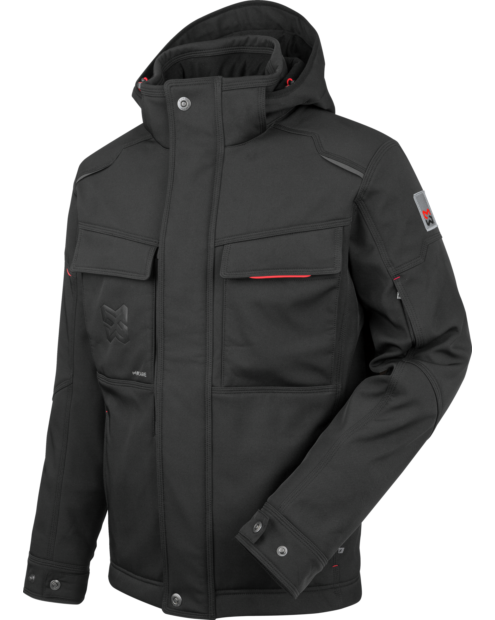 Softshelljacke für die Arbeit im Winter, Farbe Schwarz, wasserabweisend & atmungsaktiv, mit abnehmbarer Kapuze