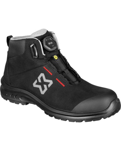 Vorderansicht schwarzer S3S Sicherheitsstiefel Cruise Mid, wasserabweisendes Obermaterial und rutschfeste Sohle