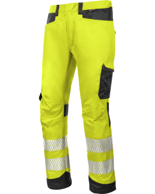 Gelb leuchtende Warnschutz Bundhose Klasse 2 mit Reflektorstreifen EN ISO 20471 in der Vorderansicht